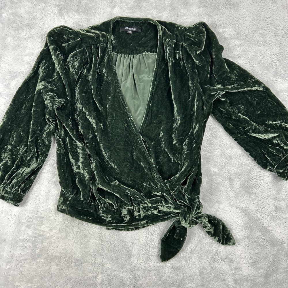 Madewell Velvet Wrap Top V Neck in Deep Green Jewel Tone Size XXS 3/4 Sleeves